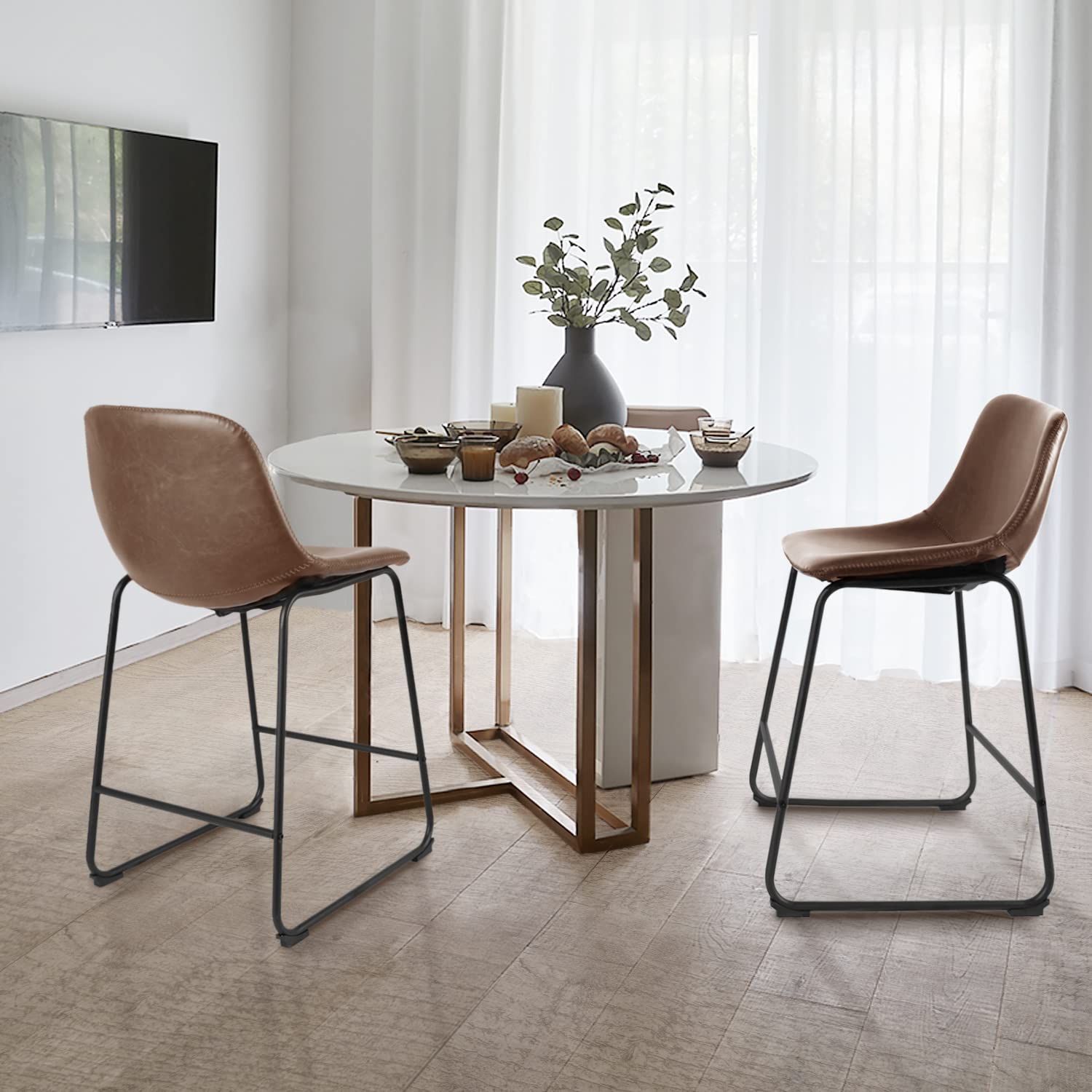 Rfiver Pu Faux Leather Bar Stools, Industrial Pub Barstools with Back and Footrest, Modern Armless Bar Height Stool Chairs